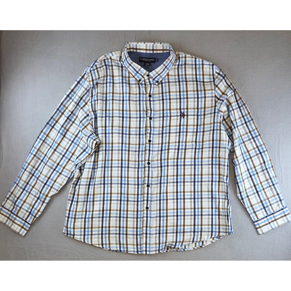 US Polo Assn Blue Brown Plaid Button Down Long Sleeve Preppy Classic 3XL NWT - Picture 10 of 10